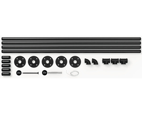 Rohrregalsystem mit Rohren, Flanschen, Winkelstücken, T-Stücken, Schrauben, Dübeln und Lichtern