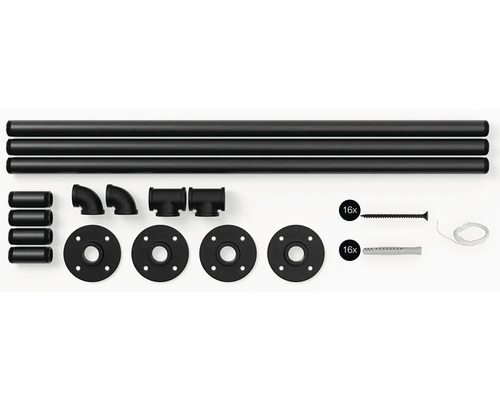 Regalböden mit Rohren, Kupplungen, Flanschen, Schrauben und Dübeln