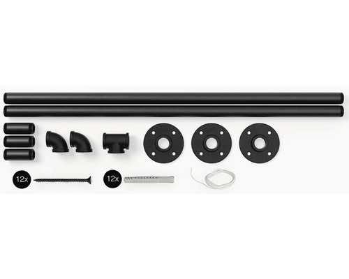 Komponenten für ein Rohrregal, inklusive Rohre, Verbindungsstücke und Befestigungsmaterial