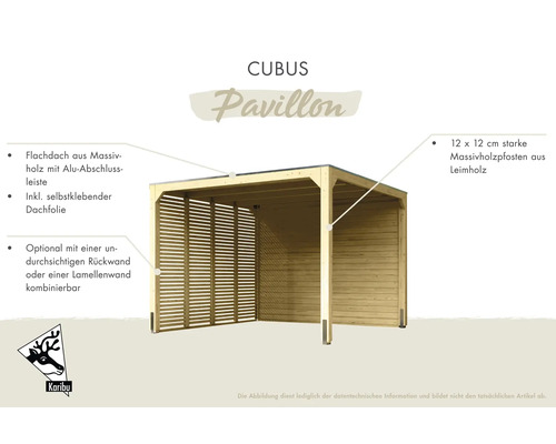 Cubus Pavillon mit Flachdach aus Massivholz und optionaler Rückwand oder Lamellenwand