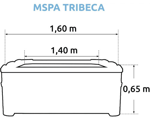 MSPA Tribeca Whirlpool Abmessungen: 1,60 Meter Länge, 1,40 Meter Breite und 0,65 Meter Höhe