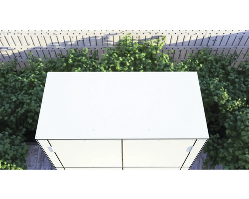 Ansicht eines Gartenhauses von oben, umgeben von Grünpflanzen und einer hölzernen Pergola