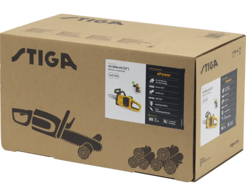 Verpackung der Stiga Akku Kettensäge CS 300e Kit mit 30 cm Schnittlänge