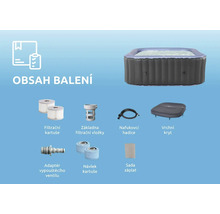 Lieferumfang eines aufblasbaren Whirlpools mit Filterkartuschen, Filterkartuschenbasis, Schlauch, Abdeckung, Adapter für das Ablassventil und Flickzeug