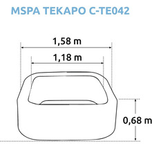 Zeichnung eines MSpa Tekapo C-TE042 Whirlpools mit den Maßen 1,58 Meter mal 1,18 Meter mal 0,68 Meter.