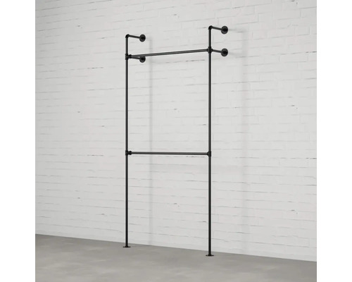 Schwarze Wandgarderobe aus Metallrohren mit zwei Kleiderstangen