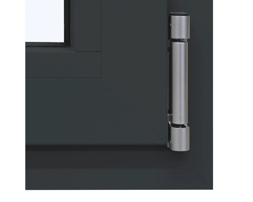 Nahaufnahme eines anthrazitfarbenen Fensters mit silberfarbenem Fensterbeschlag