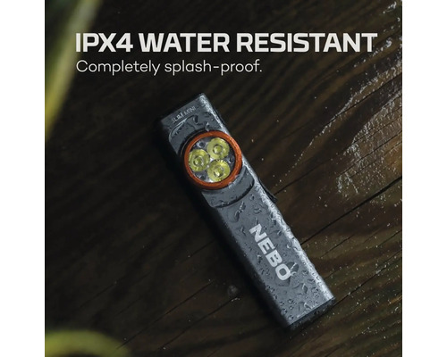 Nebo Logo. Spritzwassergeschützte Arbeitsleuchte mit Schutzart IPX4.