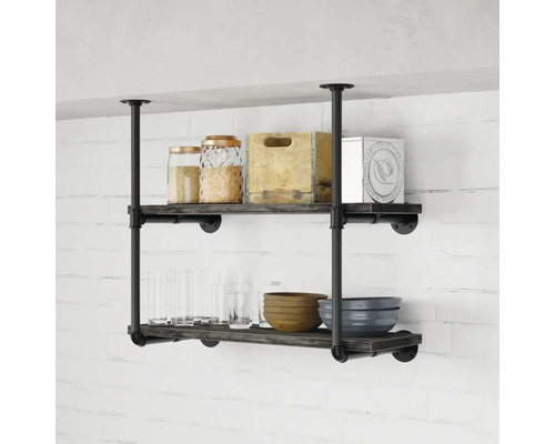 Regal mit zwei Ebenen, schwarzem Metallgestell und Holzablagen zur Wandmontage