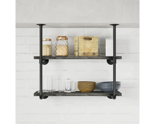 Regal mit zwei Ebenen, befestigt mit Rohren