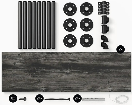 Regalboden mit Rohren, Flanschen, Schrauben, Dübeln und LED-Lichterkette