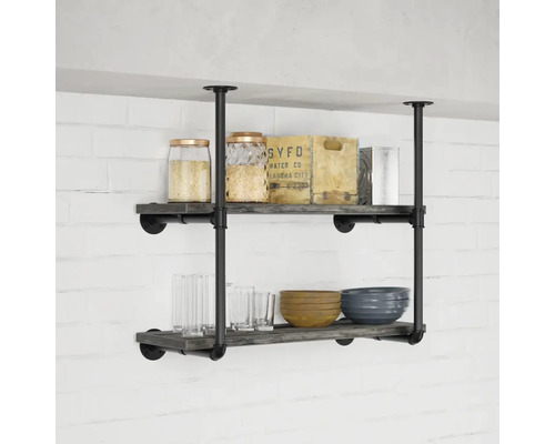 Regal mit zwei Ebenen, Holzablagen und Rohren aus Metall