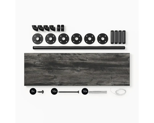 Bestandteile für ein Wandregal mit einer Holzplatte, Rohren, Schrauben und Dübeln