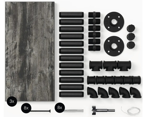 Bausatz für ein Wandregal mit Holzplatte, Rohren, Schrauben und Dübeln