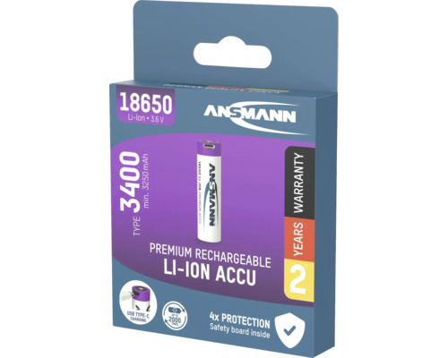 Ansmann 18650 Lithium-Ionen Akku mit 3400 mAh in Verpackung