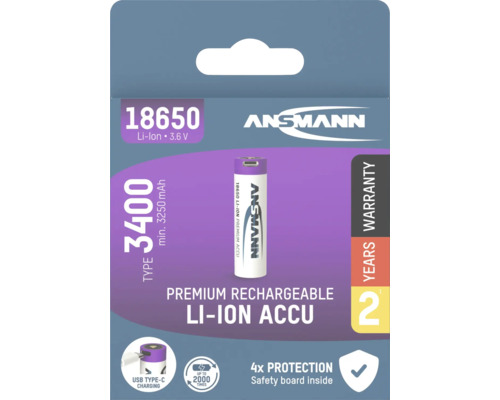 Ansmann 18650 Lithium-Ionen Akku, 3400 mAh, wiederaufladbar