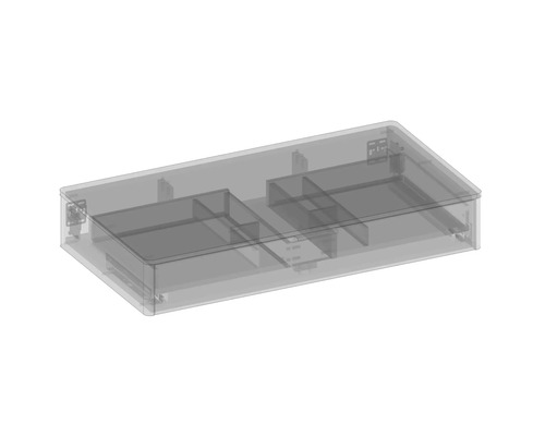 Transparente Aufbewahrungsbox mit Fächern zur Aufbewahrung von Kleinteilen.