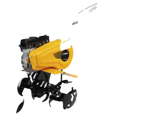 Motorhacke mit schwarzem Hackwerkzeug und gelbem Gehäuse