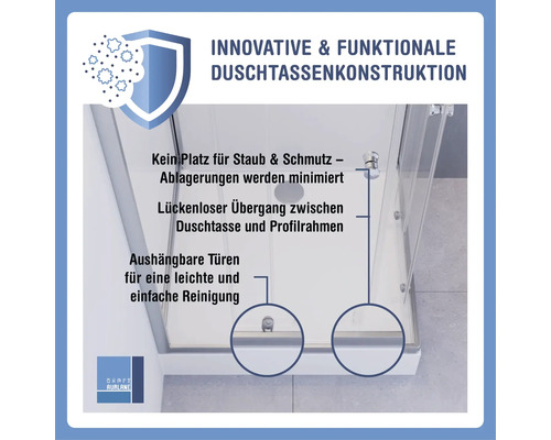 Detailaufnahme einer Duschkabine mit Hinweisen auf innovative und funktionale Konstruktion, Minimierung von Staubablagerungen, lückenlosen Übergang und aushängbare Türen zur einfachen Reinigung.