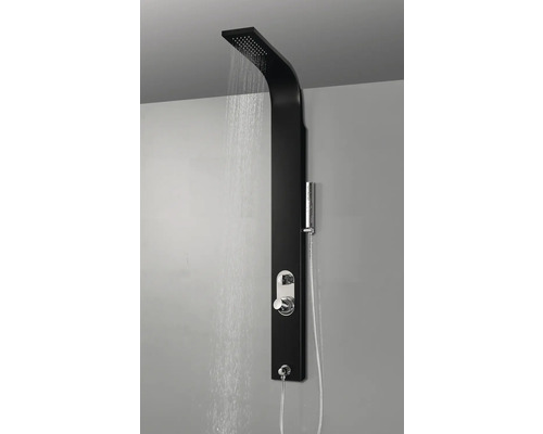 Schwarze Duschpaneel mit Regenduschkopf und Handbrause