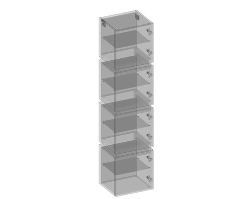 Vier transparente, stapelbare Aufbewahrungsboxen mit Tür und Regalböden