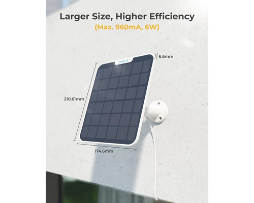 Reolink Solarmodul mit den Maßen 210,61 mm x 174,6 mm und einer Dicke von 6,6 mm zur Stromversorgung von Überwachungskameras
