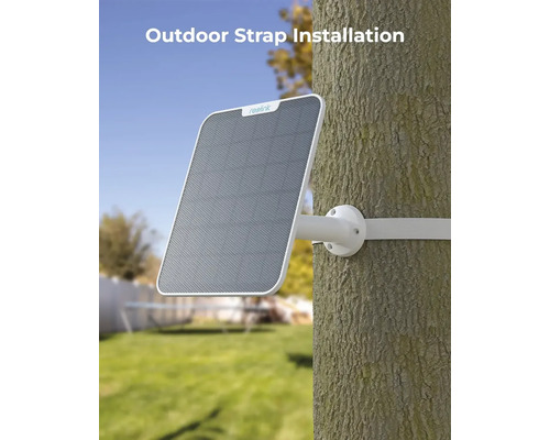 Reolink Solarpanel mit Befestigungsband an einem Baum montiert.
