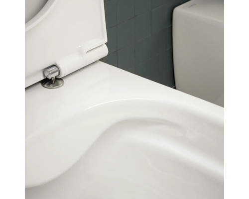 Detailansicht einer weißen Toilette mit geöffnetem Toilettendeckel.