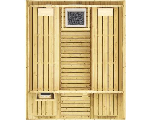 Innenansicht einer Holzsauna mit Saunaofen und Bänken