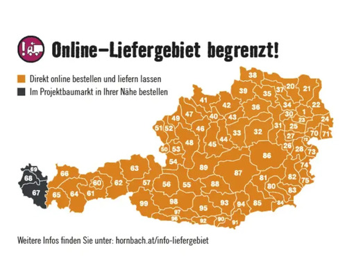 Karte von Österreich mit den Postleitzahlgebieten, die für die Online-Lieferung verfügbar sind