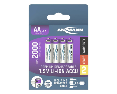 Ansmann AA Akkus, 1,5 Volt, Lithium-Ionen, Mignon, 4er-Pack