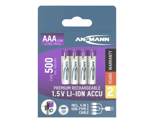 Ansmann AAA Akkus, 1,5 Volt, Lithium-Ionen, 4er-Pack mit USB-C-Kabel