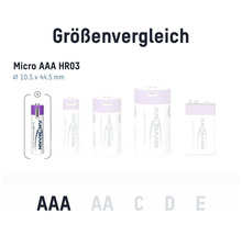 Größenvergleich von Batterien: Micro AAA, AA, C, D und E.