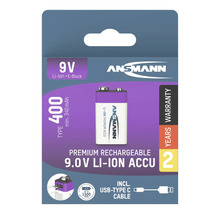 Ansmann 9 Volt Lithium Ionen E-Block Akku mit USB-Typ-C Kabel
