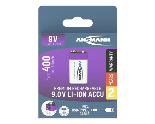 Ansmann 9 Volt Lithium Ionen E-Block Akku mit USB-Typ-C Kabel