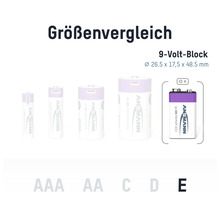 Größenvergleich von AAA, AA, C, D und 9 Volt E Block Batterien der Marke Ansmann
