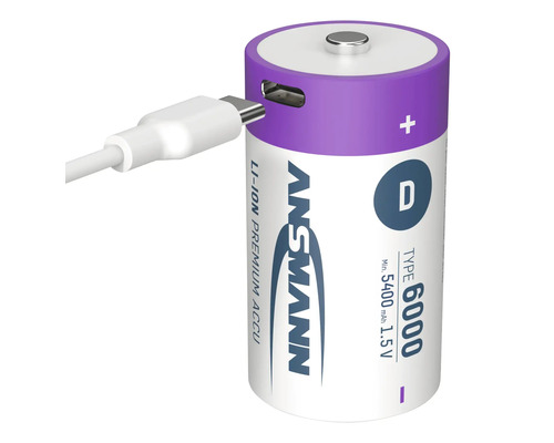 Ansmann D Akku mit USB-C-Anschluss und Ladekabel