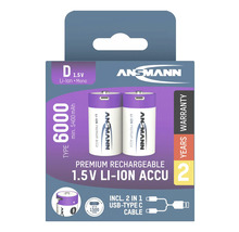 Packung mit zwei wiederaufladbaren Ansmann D 1,5V Lithium-Ionen Akkus mit USB Typ C Kabel