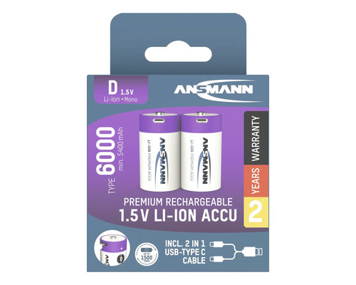 Packung mit zwei wiederaufladbaren Ansmann D 1,5V Lithium-Ionen Akkus mit USB Typ C Kabel