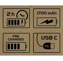 Symbole für zwei Stunden Ladezeit, 1700 mAh, vorgeladen und USB-C