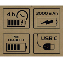 Symbole für vier Stunden Ladezeit, 3000 mAh, vorgeladen und USB-C
