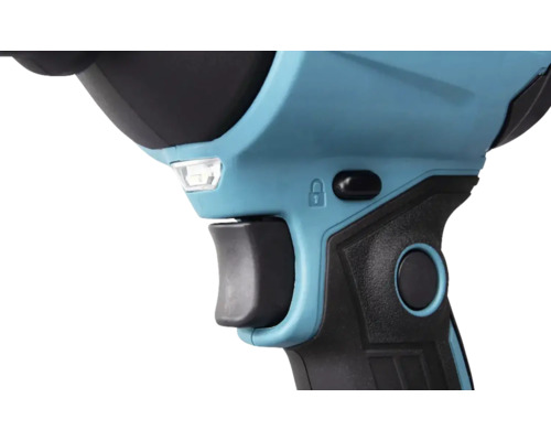 Detailansicht eines Akkuschlagschraubers mit Auslöser, Verriegelungsknopf und LED-Leuchte