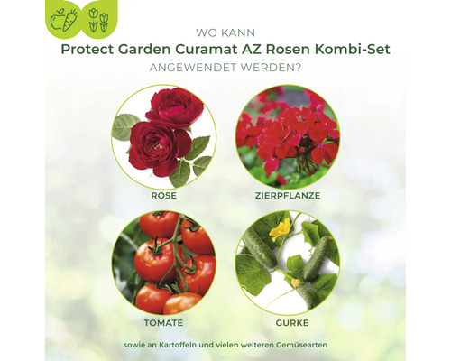 Anwendungsbereiche des Protect Garden Curamat AZ Rosen Kombi-Sets: Rose, Zierpflanze, Tomate, Gurke sowie Kartoffeln und viele weitere Gemüsearten