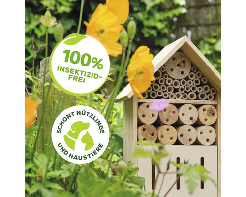 Insektenhotel im Garten mit dem Siegel 100 Prozent Insektizidfrei