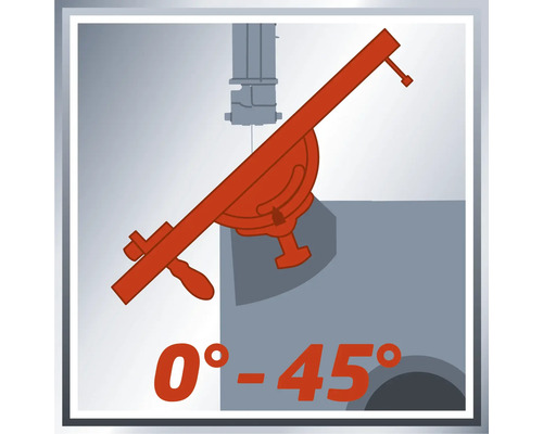 Illustration einer Bandsäge mit Gehrungseinstellung von 0 bis 45 Grad