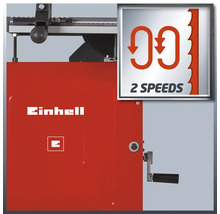 Detailansicht einer Einhell Bandsäge mit dem Einhell Logo und einem Symbol für zwei Geschwindigkeiten.