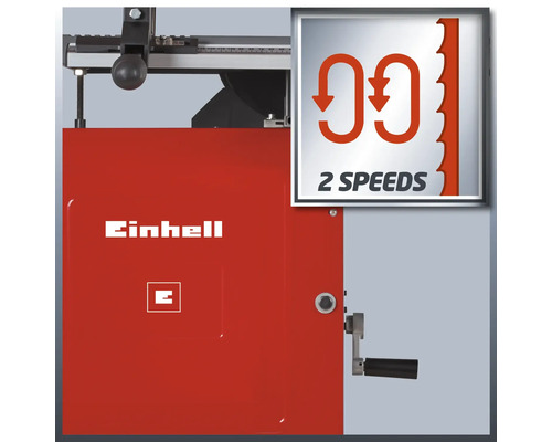 Detailansicht einer Einhell Bandsäge mit dem Einhell Logo und einem Symbol für zwei Geschwindigkeiten.