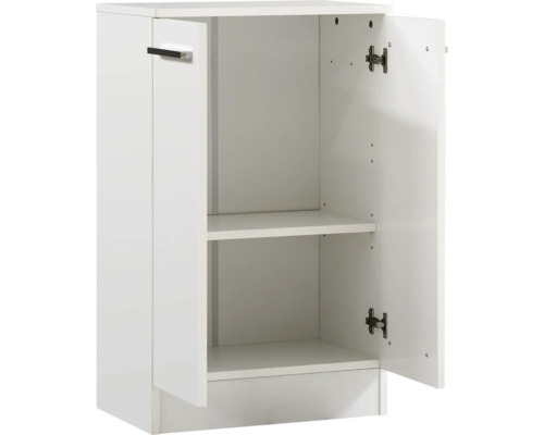 Weißer Unterschrank mit zwei Einlegeböden und geöffneter Tür