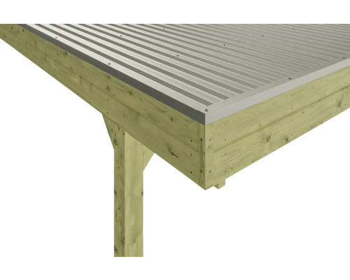 Detailansicht eines Holzpavillons mit Metalldach