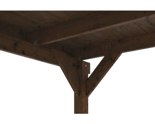 Detailansicht einer Holzpergola mit Pfosten und Dachkonstruktion